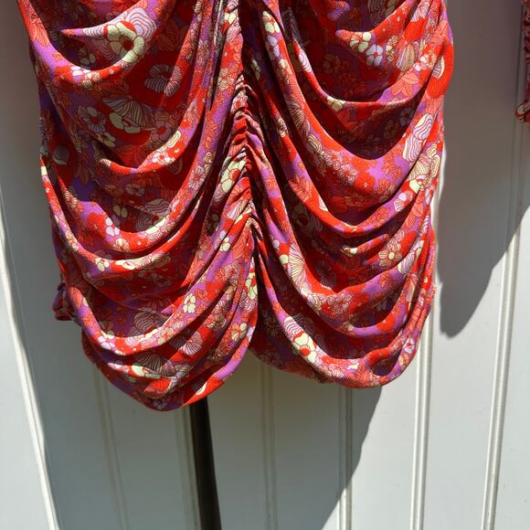 Rohe Sadie Long Sleeve Retro Floral Ruched Mini Dress Red Multi Size 34 FR 2 US - Picture 8 of 15